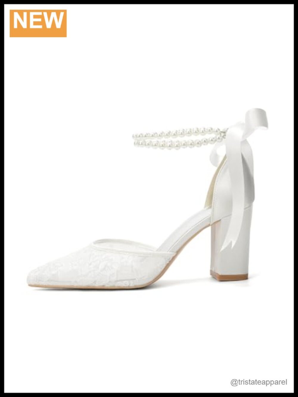 Handmade Lace Pearl Wedding Heels Closed Toe Ribbon Chunky Block Pump